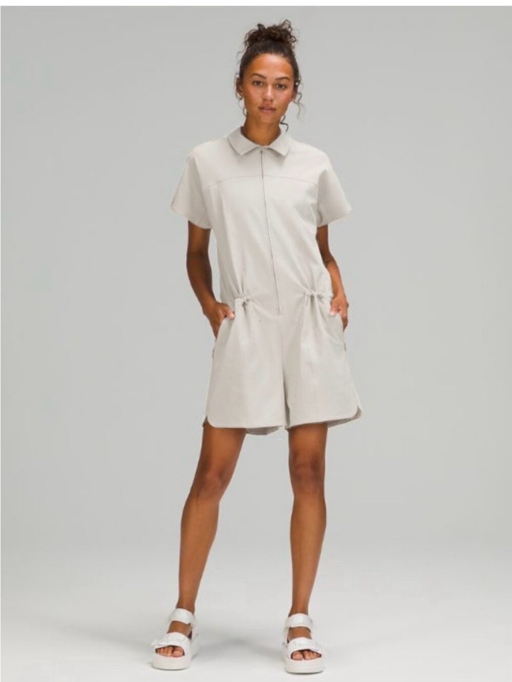 Lululemon sz 8 Short-Sleeve Collared Romper White Opal utility casual safari